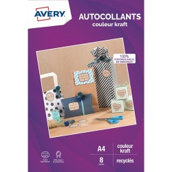 Papier d'impression Avery Dennison 8 autocollants couleur kraft 100% recyclés - A4 - Jet d'encre ou laser