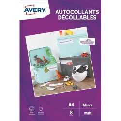 Papier d'impression Avery Dennison 8 autocollants blancs mats - enlevables sans trace - A4 -Jet d'encre