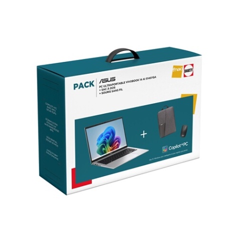 PC portable Asus Pack Vivobook 14 14S1407QA-BRUN078W 14'' 60Hz Copilot+ Snapdragon X 16 Go RAM 512 Go SSD Gris + Sac à dos + Souris sans fil