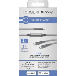 Câble téléphone portable Force Power CBL Duo Ultra-Renforcé C/C+C 2m 5A PD100W G Recyclé