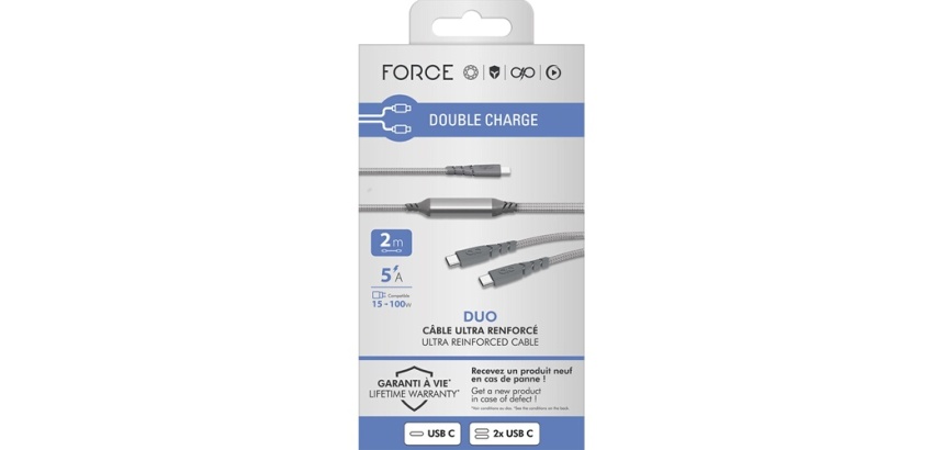 Câble téléphone portable Force Power CBL Duo Ultra-Renforcé C/C+C 2m 5A PD100W G Recyclé