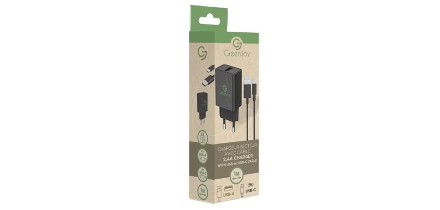 Chargeur pour téléphone mobile Greenjoy Embout Secteur USB avec Cable Charge et Data Type C 2,4A 1m Noir