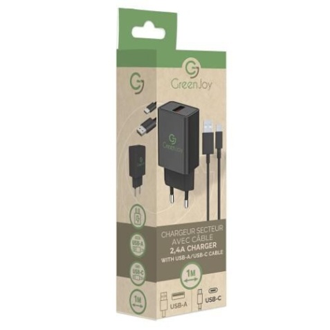 Chargeur pour téléphone mobile Greenjoy Embout Secteur USB avec Cable Charge et Data Type C 2,4A 1m Noir