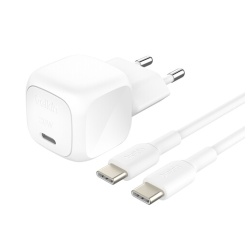 Chargeur pour téléphone mobile Belkin secteur USB-C 20W Power Delivery, avec câble d'un mètre USB-C vers USBC-C inclus, blanc.