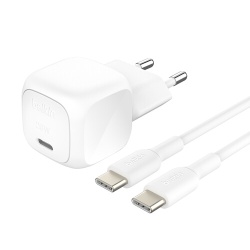 Chargeur pour téléphone mobile Belkin secteur USB-C 20W Power Delivery, avec câble d'un mètre USB-C vers USBC-C inclus, blanc.