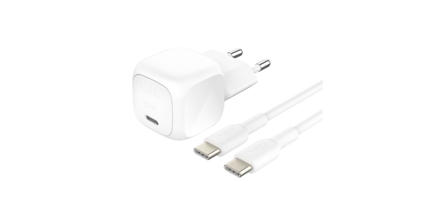Chargeur pour téléphone mobile Belkin secteur USB-C 20W Power Delivery, avec câble d'un mètre USB-C vers USBC-C inclus, blanc.