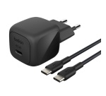 Chargeur pour téléphone mobile Belkin secteur USB-C 45W, avec câble d'un mètre USB-C vers USB-C inclus, noir.