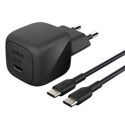 Chargeur pour téléphone mobile Belkin secteur USB-C 45W, avec câble d'un mètre USB-C vers USB-C inclus, noir.