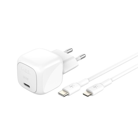Chargeur pour téléphone mobile Belkin secteur USB-C 30W Power Delivery, avec câble d'un mètre USB-C vers lightning inclus, blanc.