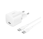 Chargeur pour téléphone mobile Belkin secteur USB-C 25W Power Delivery, avec câble d'un mètre USB-C vers USB-C inclus, blanc.
