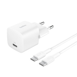 Chargeur pour téléphone mobile Belkin secteur USB-C 25W Power Delivery, avec câble d'un mètre USB-C vers USB-C inclus, blanc.