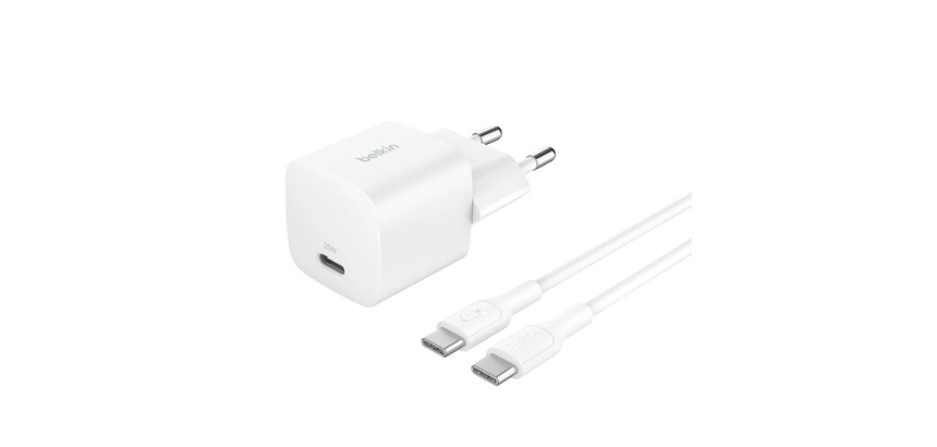 Chargeur pour téléphone mobile Belkin secteur USB-C 25W Power Delivery, avec câble d'un mètre USB-C vers USB-C inclus, blanc.