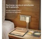 Chargeur et câble d'alimentation PC Belkin secteur 3 ports USB-C 67W, avec câble d'un mètre USB-C vers USB-C inclus, blanc.
