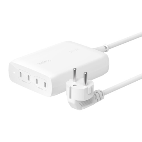 Chargeur et câble d'alimentation PC Belkin secteur GaN 4 ports USB-C 200W avec cordon d'alimentation de 1,5m, blanc.
