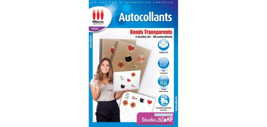 Papier d'impression Micro Appli Autocollants Ronds Transparents - 4 feuilles A4 - 96 autocollants