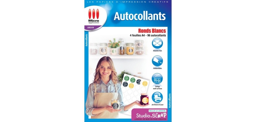Papier d'impression Micro Appli Autocollants Ronds Blancs - 4 feuilles A4 - 96 autocollants
