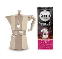 Cafetière italienne Bialetti Set Moka Exclusive Induction couleur sable + 1 paquet de café Pregiato de 250 gr