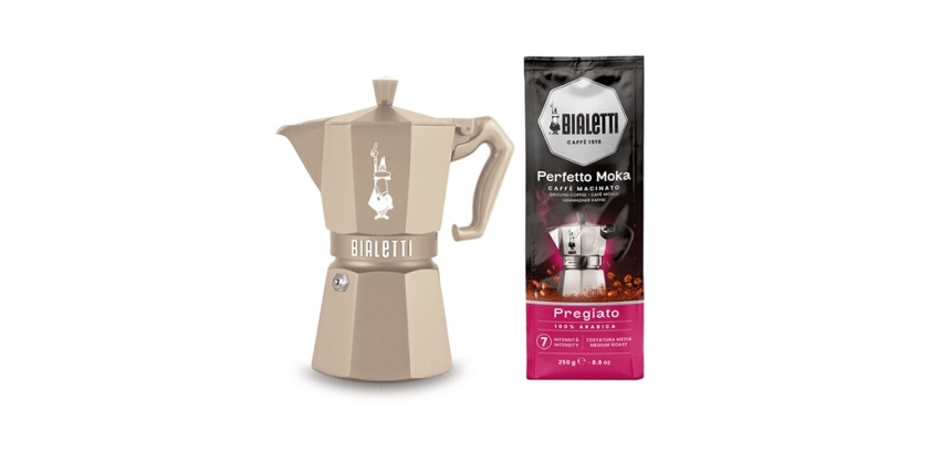 Cafetière italienne Bialetti Set Moka Exclusive Induction couleur sable + 1 paquet de café Pregiato de 250 gr