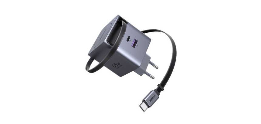 Chargeur pour téléphone mobile Ugreen secteur Nexode Pro Series X615 GaN 2 USB Type C et USB rétractable 65 W Gris anodisé