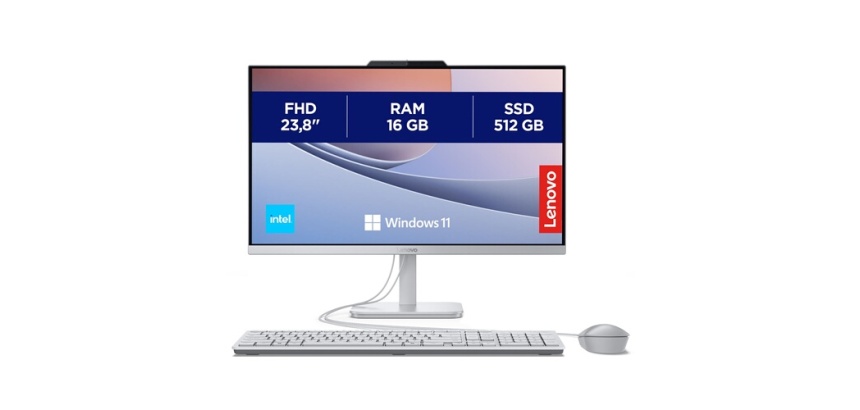 PC tout en un Lenovo A100 23,8" Intel N100 16 Go RAM 512 Go SSD Gris nuage
