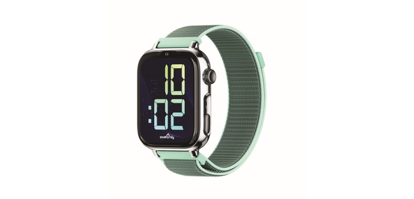 Montre connectée Savefamily GPS enfant SaveWatch Plus 2 Boitier argent avec bracelet tissu vert océan + Carte SIM française