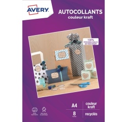 Papier d'impression Avery Dennison 8 autocollants couleur kraft 100% recyclés - A4 - Jet d'encre ou laser