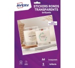 Papier d'impression Avery Dennison 5 feuilles stickers ronds transparents brillants - diamètre 4cms - Jet d'encre