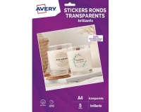 Papier d'impression Avery Dennison 5 feuilles stickers ronds transparents brillants - diamètre 4cms - Jet d'encre