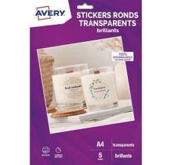 Papier d'impression Avery Dennison 5 feuilles stickers ronds transparents brillants - diamètre 4cms - Jet d'encre