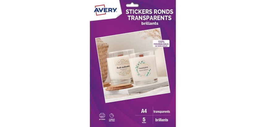 Papier d'impression Avery Dennison 5 feuilles stickers ronds transparents brillants - diamètre 4cms - Jet d'encre