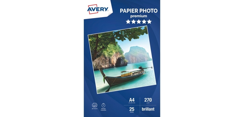 Papier d'impression Avery Dennison PAPIER PHOTO BRILLANT A4 -25 FEUILLES - 270 G/M²