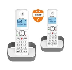 Téléphone sans fil Alcatel Pack Duo F 860 Duo avec fonction blocage des appels publicitaires blanc gris
