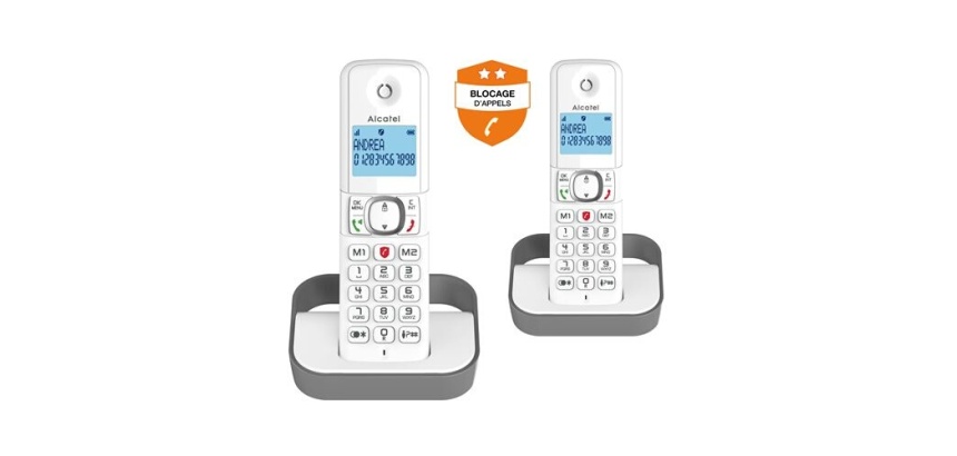 Téléphone sans fil Alcatel Pack Duo F 860 Duo avec fonction blocage des appels publicitaires blanc gris
