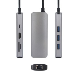 Hub USB Urban Factory HUB USB-C 8 EN 1 AVEC 3 X USB-A / 1 X HDMI 4K 60HZ / 1 X RJ45 1GBPS / LECTEURS CARTES SD ET MICRO SD / 1 X USB-C 100W PD GRIS SIDERAL