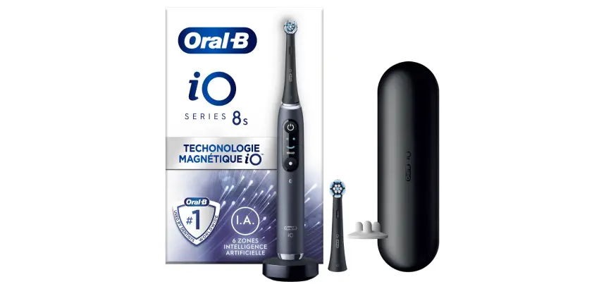 Brosse à dents électrique Oral B iO 8S Brosse A Dents Electrique Noire connectee Bluetooth, 2 Brossettes, 1 Etui De Voyage
