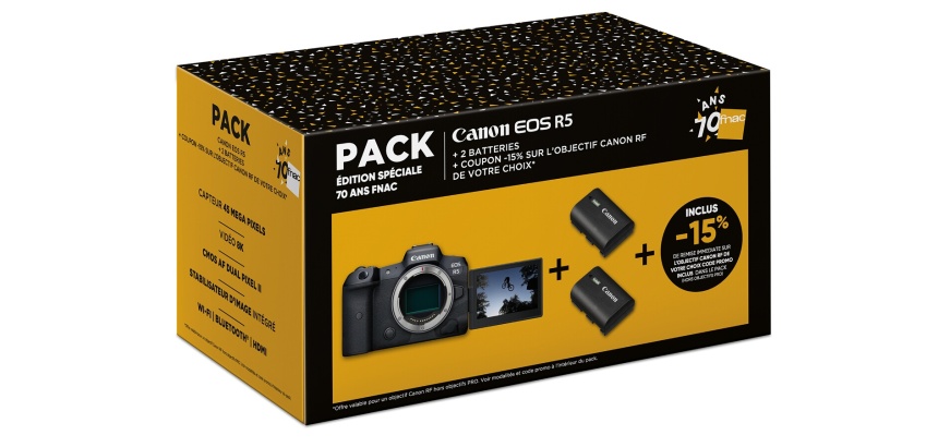 Appareil photo hybride Canon EOS R5 Boitier Nu + 2 batteries + Coupon -15% sur une optiques RF Canon - Edition 70 ans FNAC