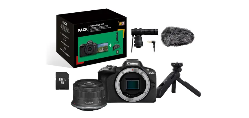 Appareil photo hybride Canon Pack EOS R50 + RF-S 18-45mm f/4.5-6.3 IS STM + Micro + Trépied + Télécommande + carte SD + Chargeur