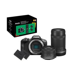 Appareil photo hybride Canon Pack Fnac Darty Appareil photo hybride Canon EOS R100 Noir + RF-S 18-45mm f/4.5-6.3 IS STM + RF-S 55-210mm f/5-7.1 IS STM + 2eme batterie + chargeur