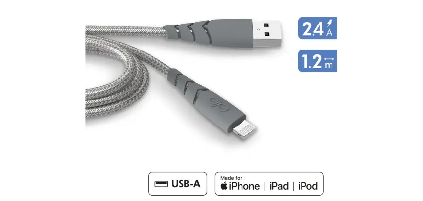 Câble téléphone portable Force Power Câble Ultra Renforcé USB-A/Lightning 1.2m Recyclé Gris