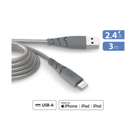 Câble téléphone portable Force Power Cable Ultra Renforce USB-A/Lightning 3m Recycle Gris