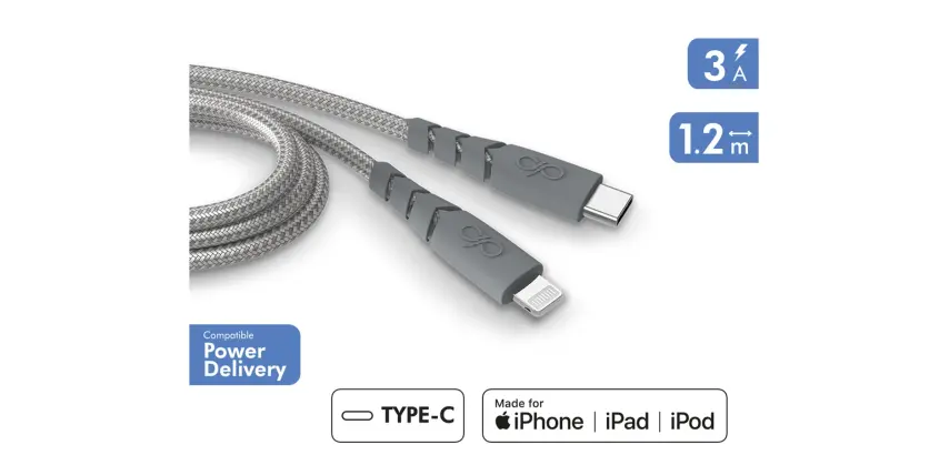 Câble téléphone portable Force Power Cable Ultra Renforce C/Lightning 1.2m Recycle Gris