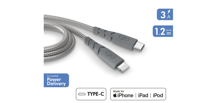 Câble téléphone portable Force Power Cable Ultra Renforce C/Lightning 1.2m Recycle Gris