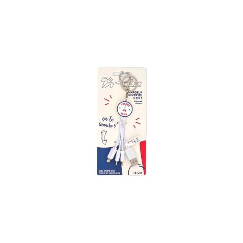 Câble téléphone portable Yello Koko Andy USBA -USBC/Micro/Light 15cm FR #Paris blanc