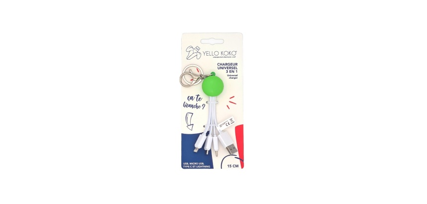 Câble téléphone portable Yello Koko Andy USBA - USBC/Micro/Light 15cm Macaron Vert