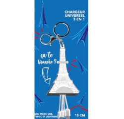 Câble téléphone portable Yello Koko Multi-Connecteur Tour Eiffel vers USB-C/Micro-USB/Lightning