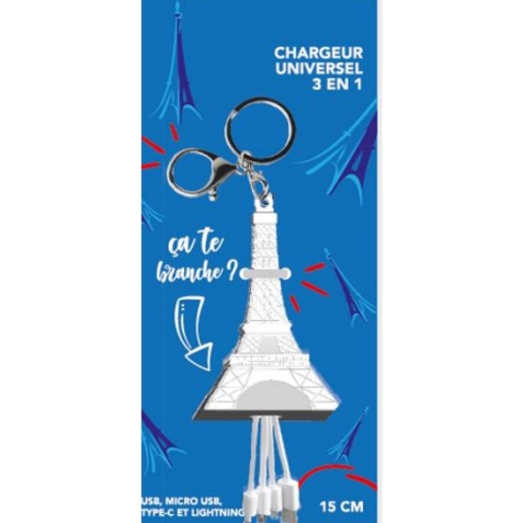 Câble téléphone portable Yello Koko Multi-Connecteur Tour Eiffel vers USB-C/Micro-USB/Lightning