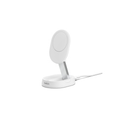 Chargeur pour téléphone mobile Belkin Support de recharge sans fil, magnetique et pliable, compatible Qi2, adaptateur secteur et cable de 1,5m inclus, 15W, blanc