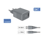 Chargeur pour téléphone mobile Force Power Chargeur secteur USB A + Cable USB C 1.2m Recycle Gris