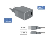 Chargeur pour téléphone mobile Force Power Chargeur secteur USB A + Cable USB C 1.2m Recycle Gris