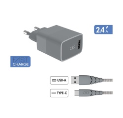 Chargeur pour téléphone mobile Force Power Chargeur secteur USB A + Cable USB C 1.2m Recycle Gris